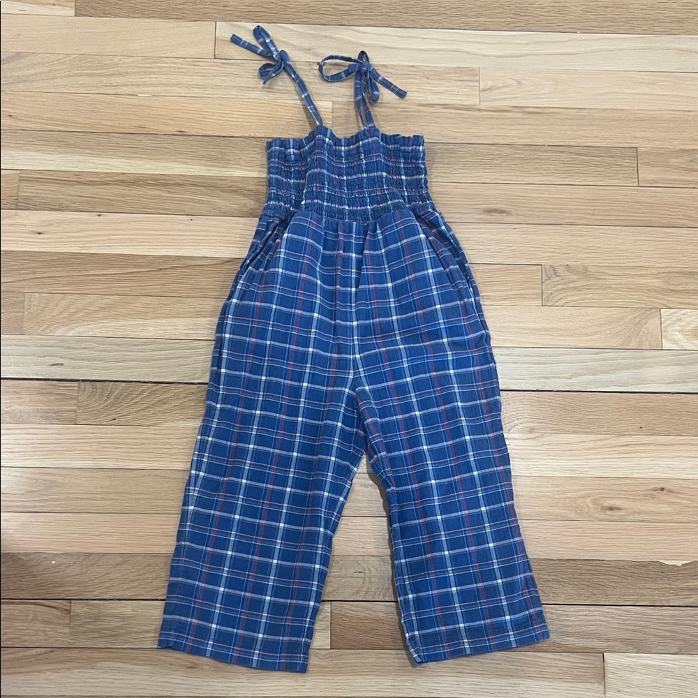 Tea Collection Blue Plaid Jumpsuit with Tie Straps